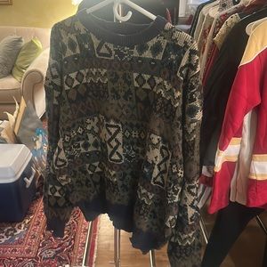 Thrifted vintage knit sweater with green,blue, and tan pattern